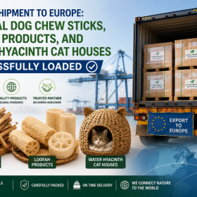 EXPORT SHIPMENT TO EUROPE: NATURAL DOG CHEW STICKS, LOOFAH PRODUCTS, AND WATER HYACINTH CAT HOUSES SUCCESSFULLY LOADED